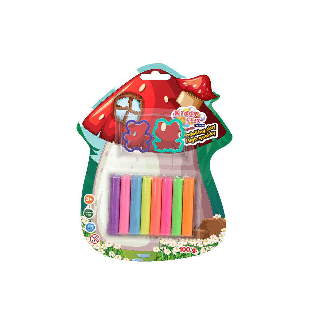 Kiddy Clay Pack of 8 Modelling & Sculpting Clay with 2 Cutter (100 g.), Colorful Reusable DIY Children Soft Clay, Creative Art & Crafts, Ideal Gift for Kids, Blister Card Pack, 8 Vibrant Colors